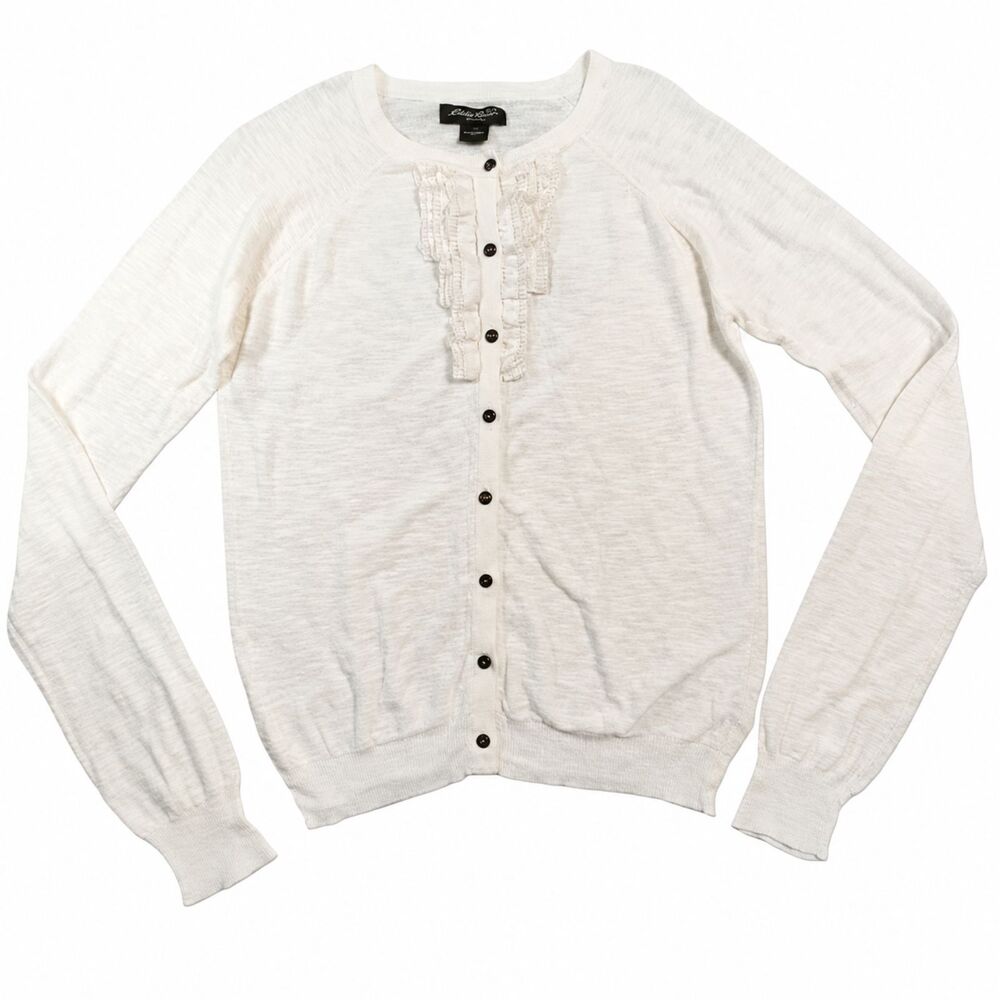 Eddie Bauer Women’s Cardigan Sweater Large Ivory Ruffle Button Front Cotton